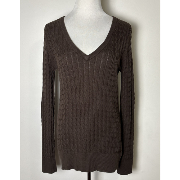 Eddie Bauer Brown Cable Knit V-Neck Sweater M Y2K Preppy Retro Classic Cotton - Picture 1 of 7